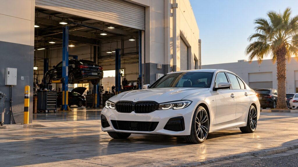 White BMW 3 Series parked outside a car workshop in Al Quoz, Dubai
