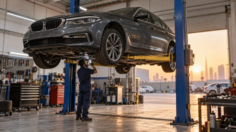 BMW 5 Series raised on a lift for underbody inspection in Al Quoz, Dubai