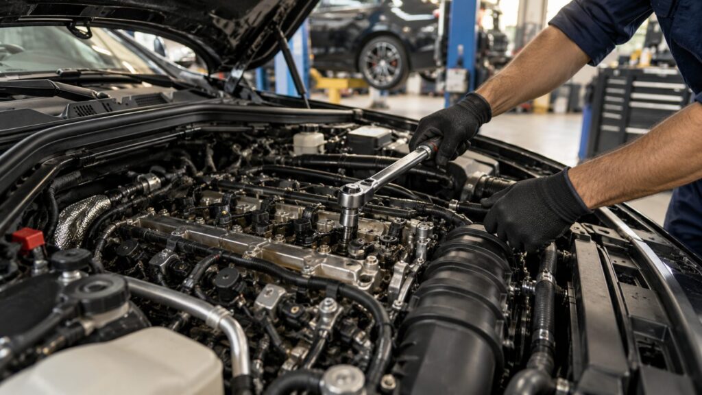 Mechanic using a torque wrench on a BMW inline six engine