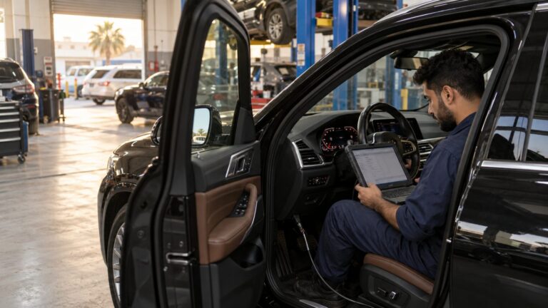 Technician running a diagnostic scan on a BMW X5 with a laptop